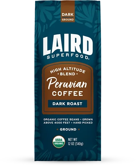 Bag of organic Peruvian dark roast ground coffee