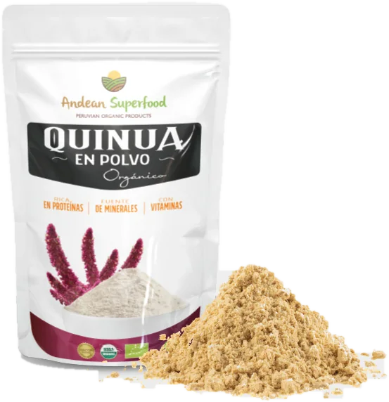 Pack of organic quinoa flour next to a pile of the flour