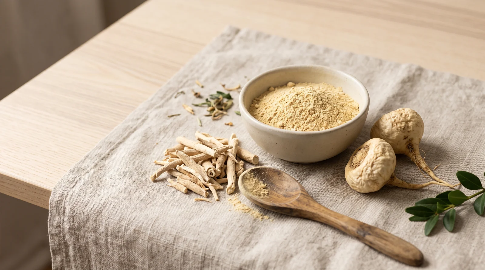 Maca root powder in a ceramic bowl beside dried ashwagandha roots and whole maca roots on linen