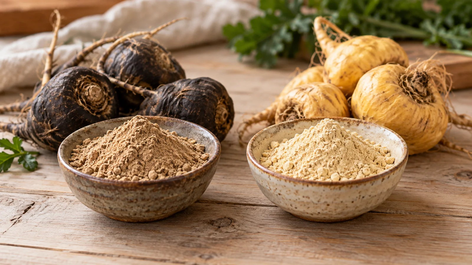 Black and yellow maca roots behind two bowls of maca powder on a wooden table