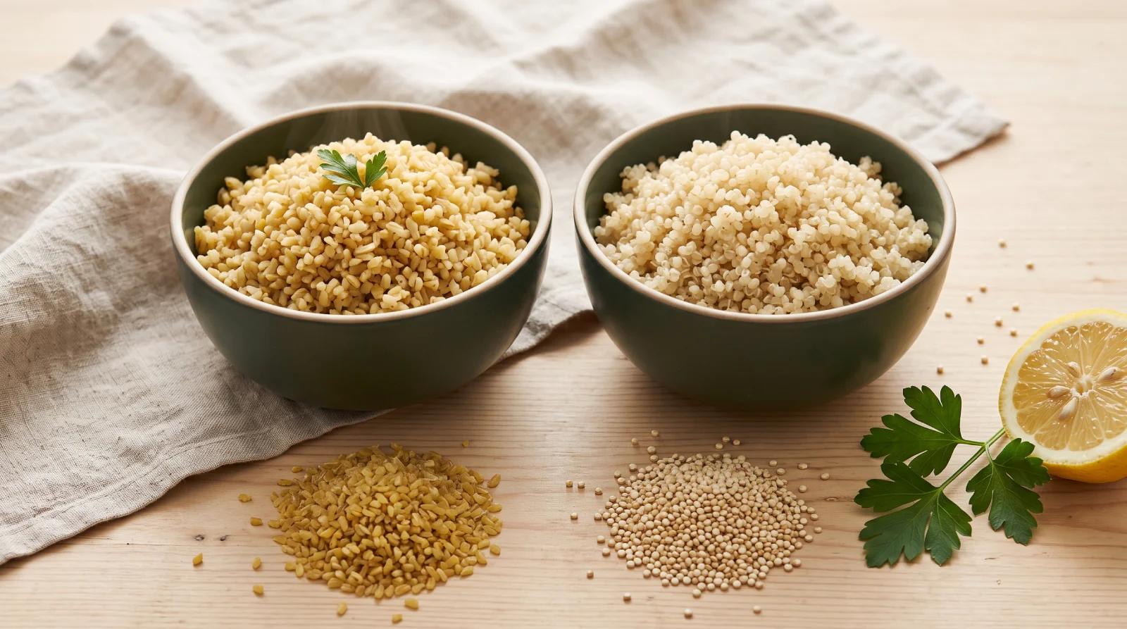 Two bowls of cooked bulgur and cooked quinoa side by side on a wooden table, with dry grains beside each