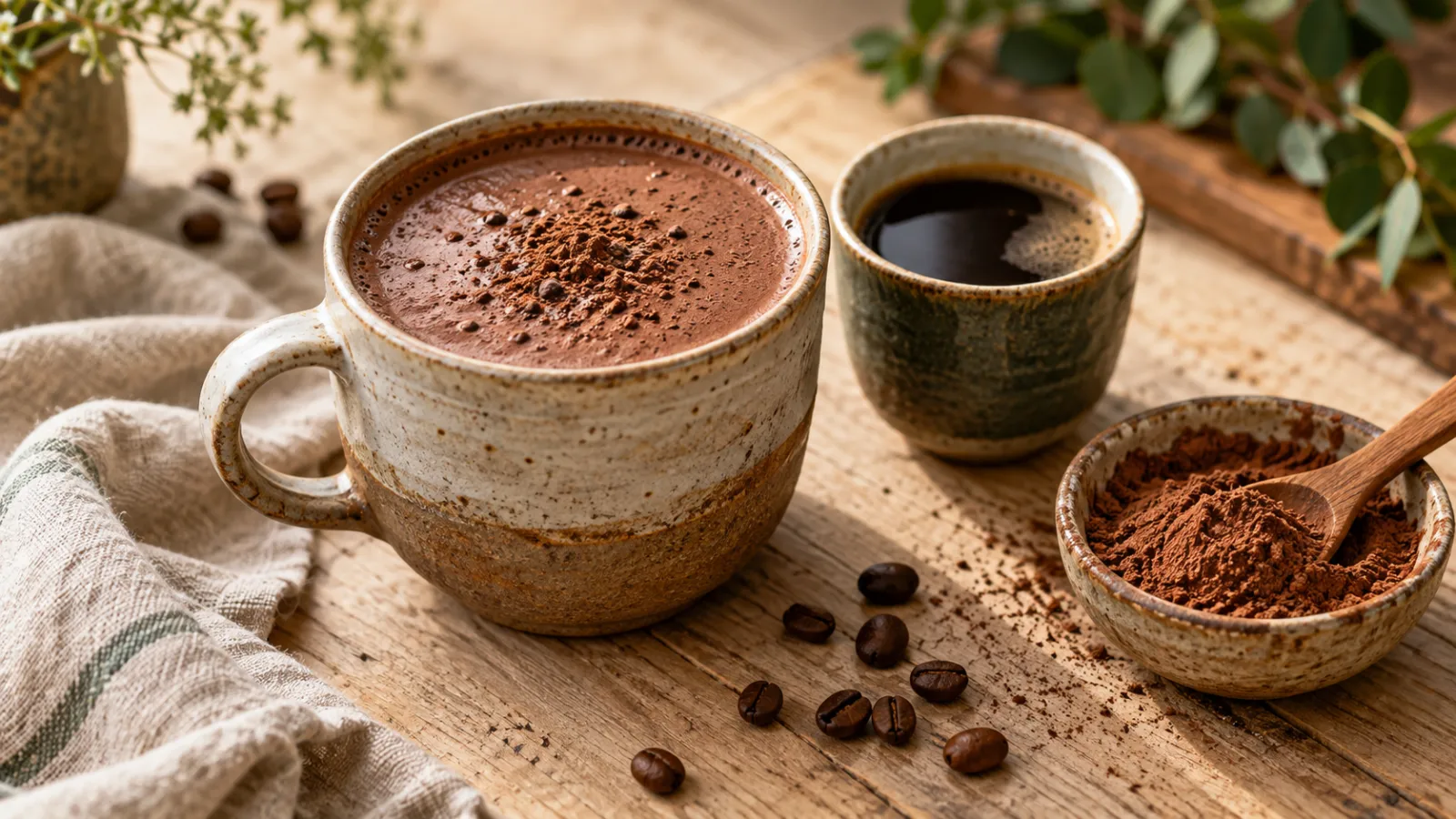A mug of cacao drink next to a cup of black coffee, with a bowl of cacao powder and coffee beans