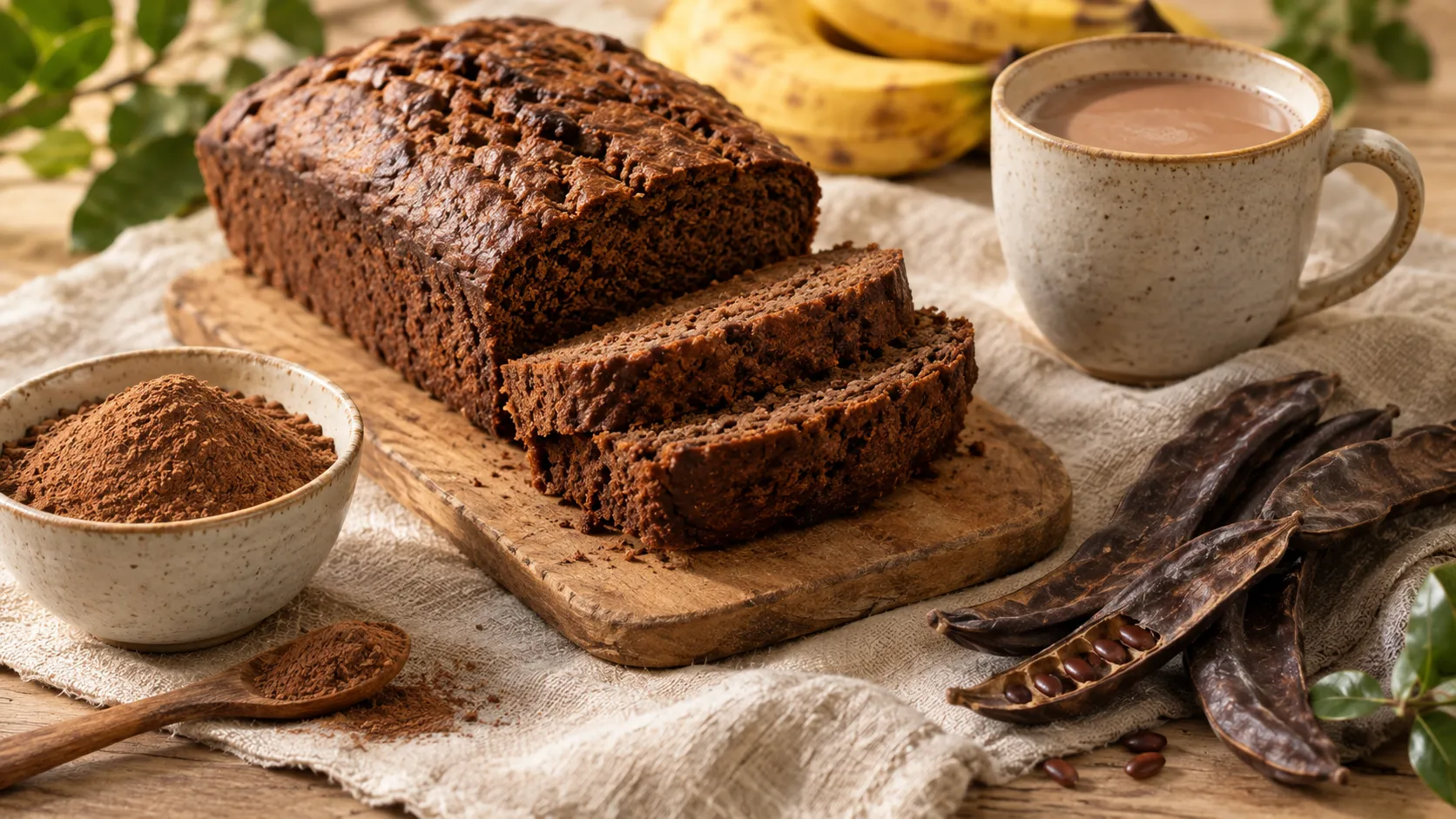 Sliced carob banana bread on a wooden board with carob flour, dried carob pods and a mug of hot carob milk