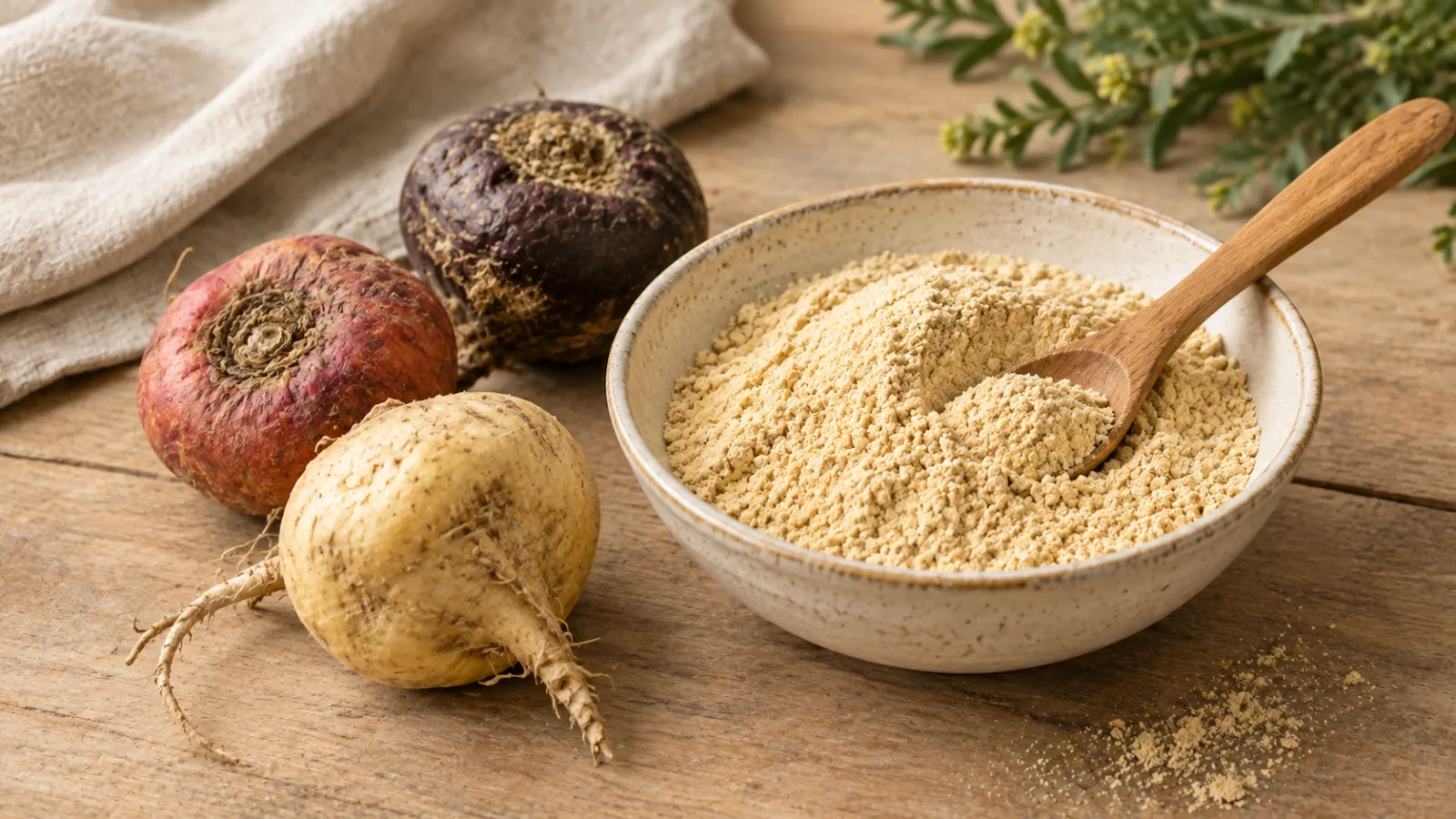 Yellow maca powder in a ceramic bowl with whole maca roots and a wooden spoon on a light wood table