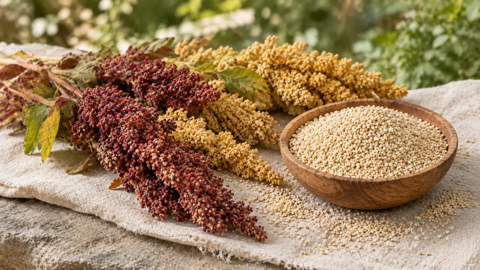 Quinoa seed heads in red and gold drying on linen next to a wooden bowl of threshed quinoa seeds