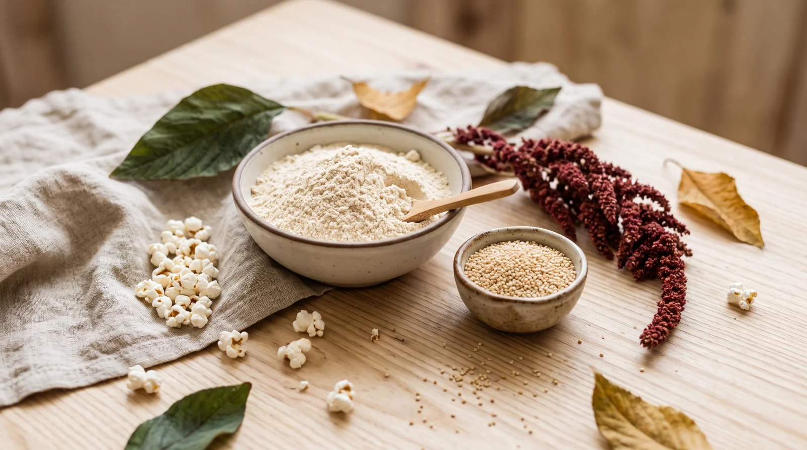Kiwicha flour, raw and popped amaranth seeds and a dried red amaranth seed head on light wood