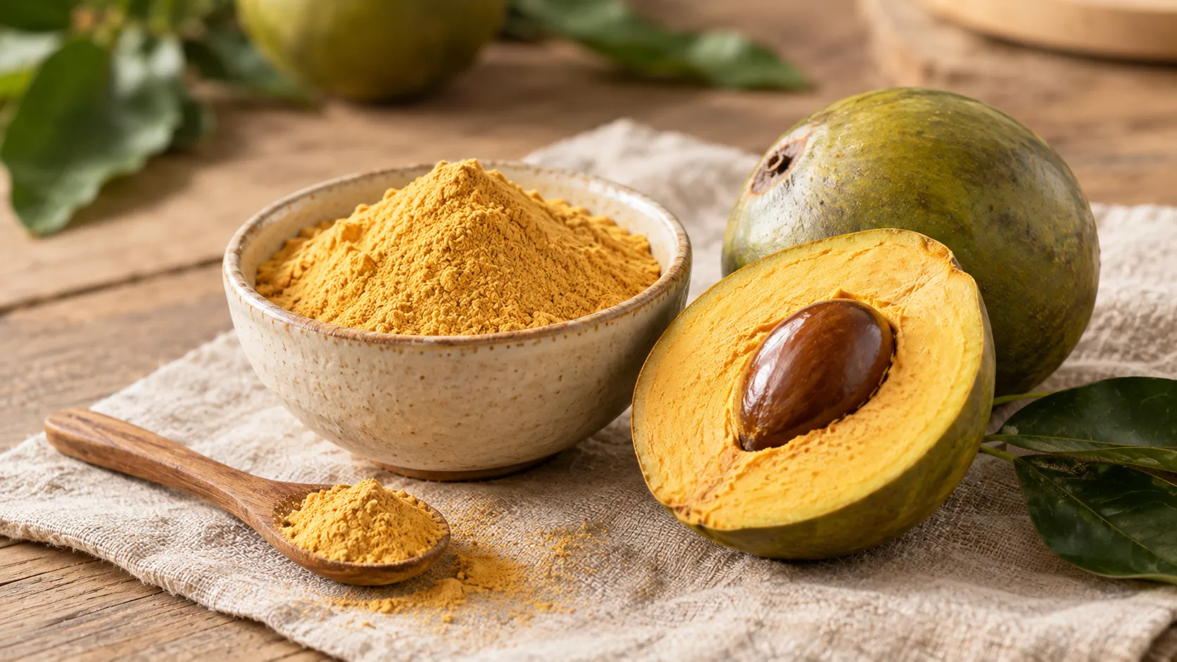 Golden lucuma powder in a ceramic bowl next to a halved fresh lucuma fruit on linen