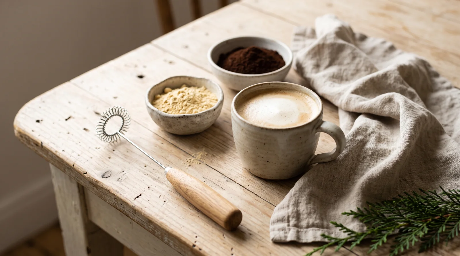 A cup of coffee with milk froth beside a small bowl of maca powder and ground coffee on a wooden table