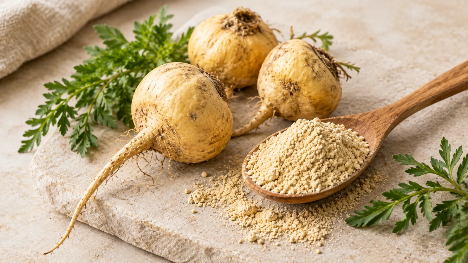 Whole yellow maca roots and a spoonful of maca powder on a light stone board