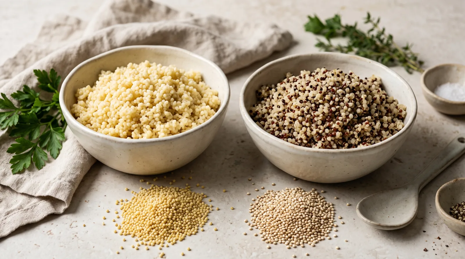 Bowls of cooked millet and cooked quinoa side by side with small piles of the dry grains