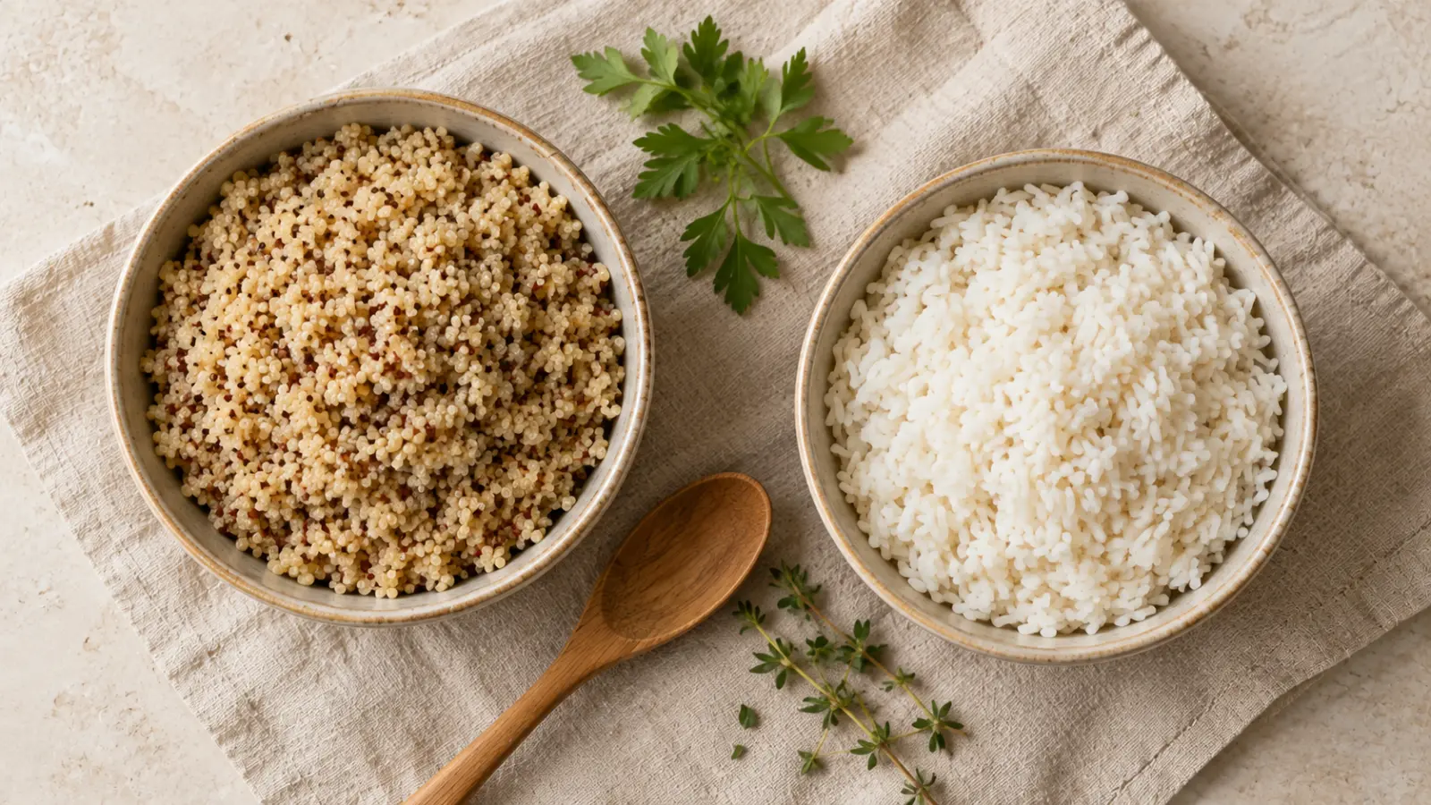 A bowl of cooked quinoa next to a bowl of white rice on a linen cloth, seen from above