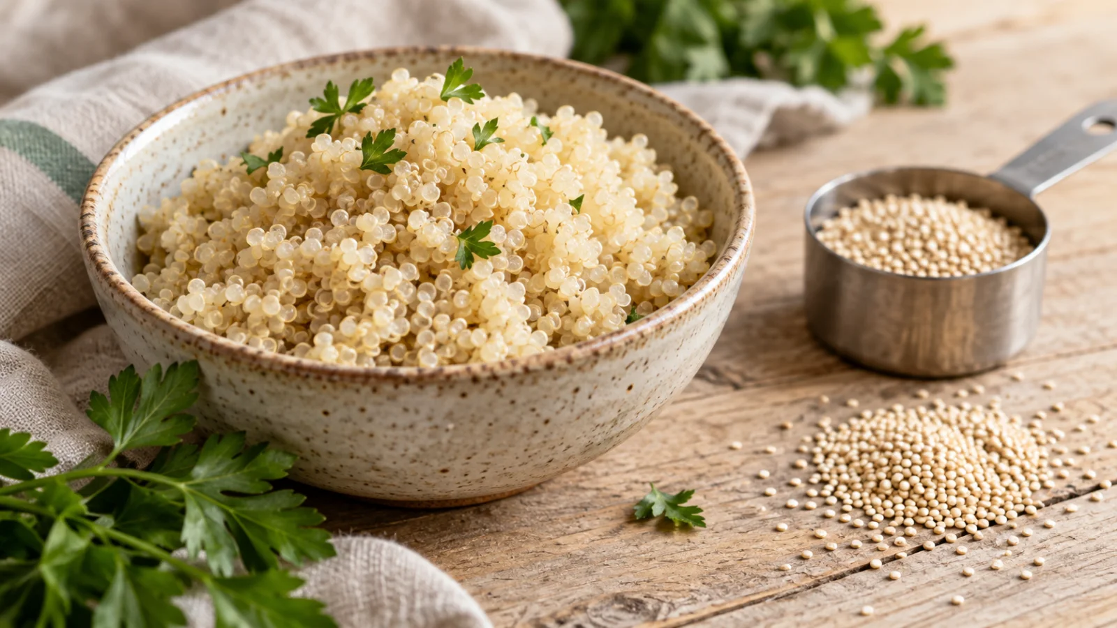 Cooked quinoa in a ceramic bowl beside dry quinoa seeds and a measuring cup on a light wood table