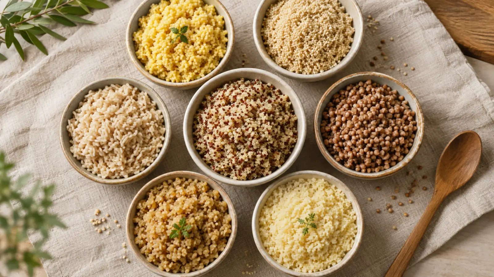 Small bowls of cooked millet, amaranth, bulgur, rice and couscous around a bowl of quinoa on linen